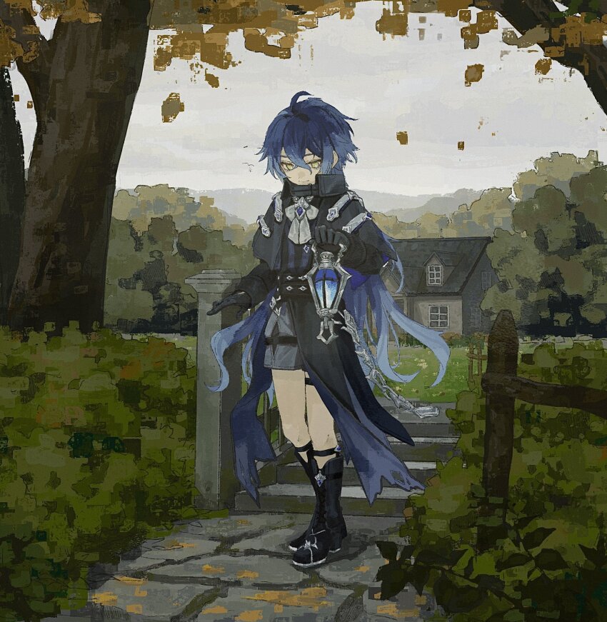 1boy, aged_down, black_boots, black_gloves, blue_hair, boots, building, bush