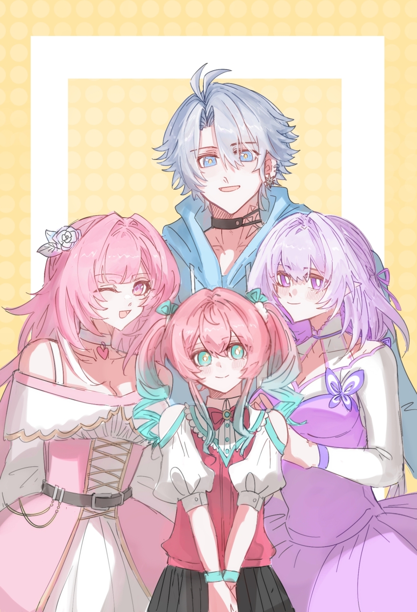 1boy, 3girls, antenna_hair, belt, blacies, blue_eyes, bug, butterfly