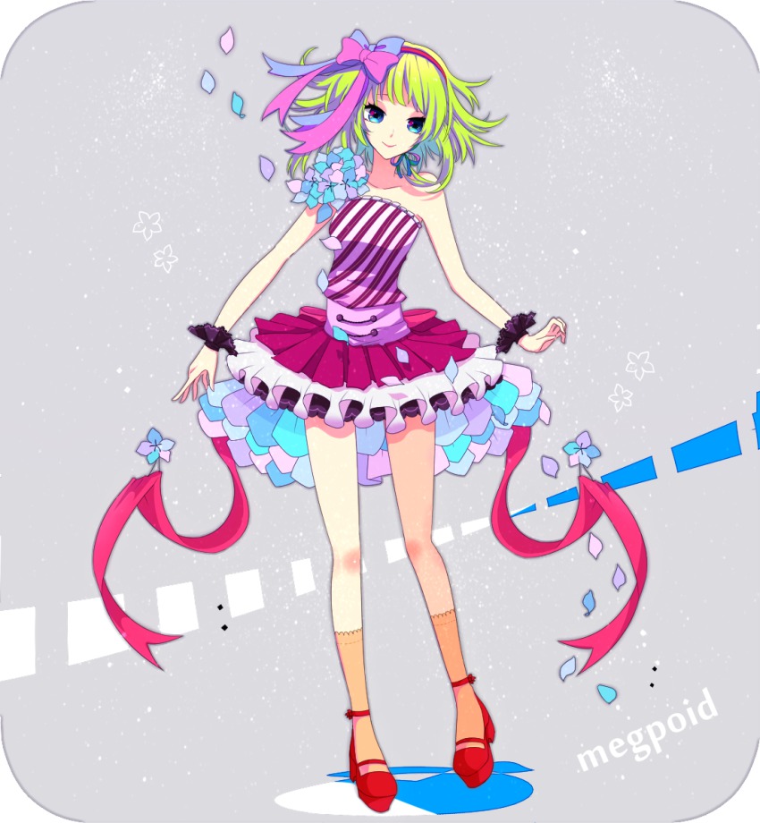 1girl, aqua_eyes, bow, female_focus, flower, frills, green_hair, gumi, hair_bow, hairband, layered_skirt, miniskirt, natsu_no_jin, petals, petticoat, pink_skirt, ribbon, shoes, short_hair, skirt, smile, socks, solo, vocaloid