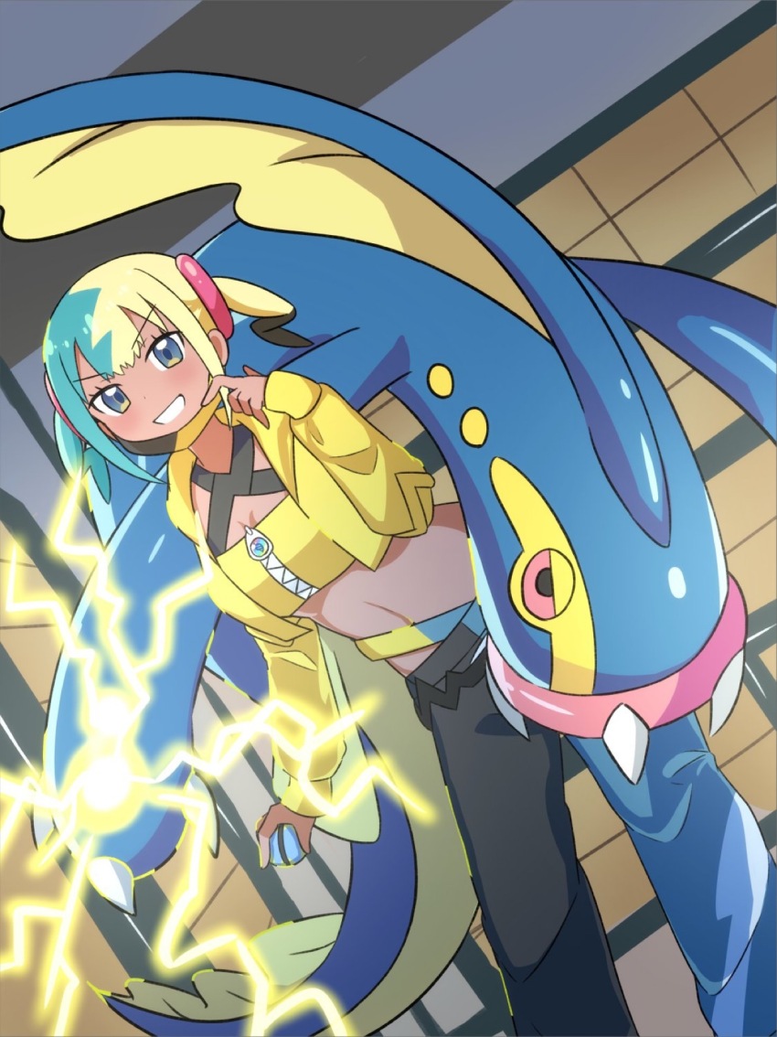 1girl, bandeau, belt, black_belt, blush, canari_(pokemon), commentary_request, cropped_jacket