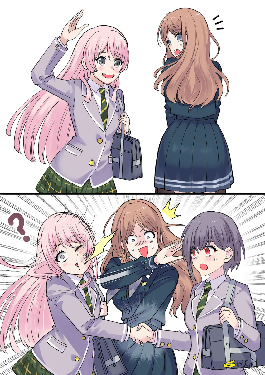 3girls, bang_dream!, bang_dream!_it's_mygo!!!!!, blue_eyes, blue_shirt, blue_skirt, brown_hair, chihaya_anon