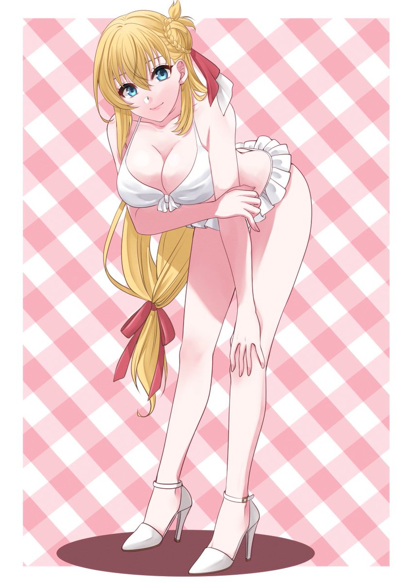 1girl, agnes_claudel, bent_over, bikini, blonde_hair, blue_eyes, breasts, checkered_background