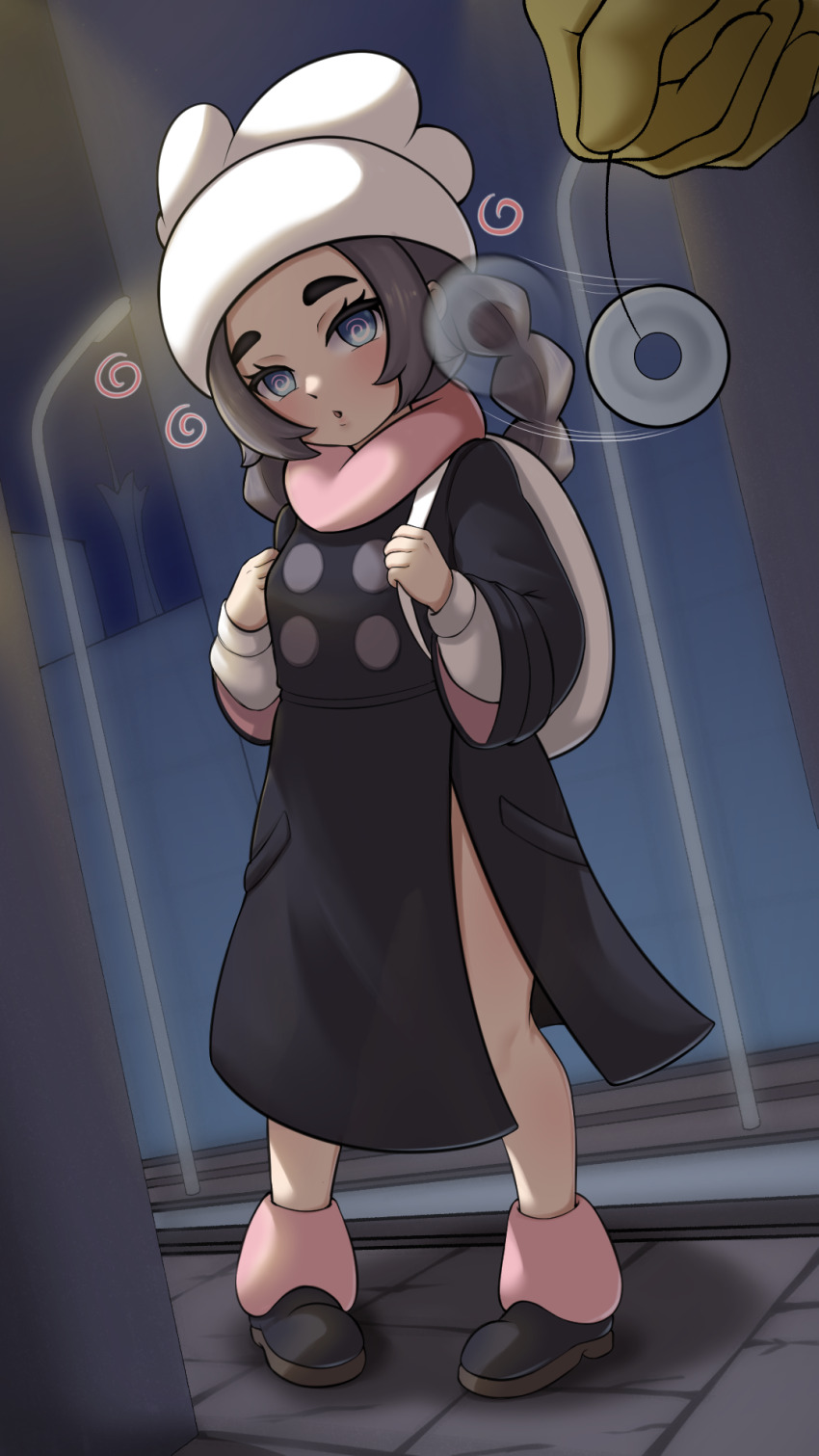 1girl, :o, @_@, afterimage, ansha_(pokemon), backpack, bag, black_coat