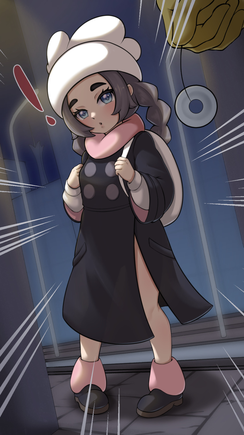 !, 1girl, :o, ansha_(pokemon), backpack, bag, black_coat, black_shoes