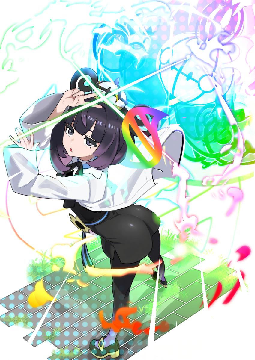 1girl, absurdres, ass, black_dress, black_pantyhose, black_shoes, blunt_bangs, bob_cut