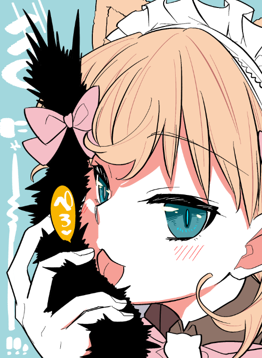 2girls, blue_background, blue_eyes, blush, bow, bowtie, cat_brooch, colored_speech_bubble