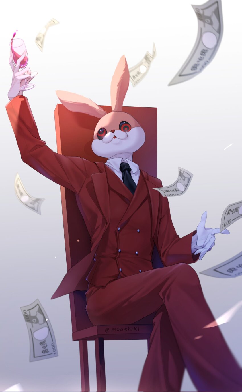 1boy, alcohol, animal_ears, arm_up, banknote, black_necktie, chair, character_request