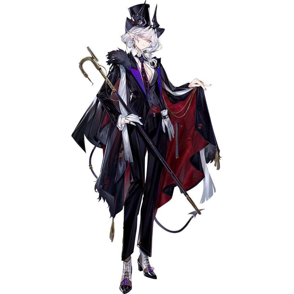 1girl, arknights, black_cape, black_hat, black_horns, black_jacket, black_nails, black_pants, black_suit, blue_necktie, buttons, cane, cape, cape_lift, chuzenji, closed_mouth, crownie_(arknights), demon_girl, demon_horns, double-breasted, suit_pants, dress_shirt, formal_clothes, full_body, fur-trimmed_cape, fur_trim, gloves, hat, holding, holding_cane, horns, horns_through_headwear, jacket, lapels, light_smile, long_hair, looking_at_viewer, material_growth, multi-tied_hair, necktie, official_art, oripathy_lesion_(arknights), pant_suit, pants, partially_open_shirt, peaked_lapels, pink_eyes, red_cape, red_necktie, sash, shirt, simple_background, single_unworn_glove, solo, spool, standing, suit, suit_jacket, tachi-e, third-party_source, transparent_background, two-sided_cape, two-sided_fabric, two-tone_necktie, vest, waistcoat, white_gloves, white_hair, white_sash, white_shirt