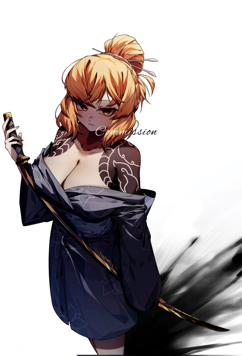 1girl, black_kimono, breasts, cleavage, cloud_tattoo, commission, hair_ornament, hair_stick