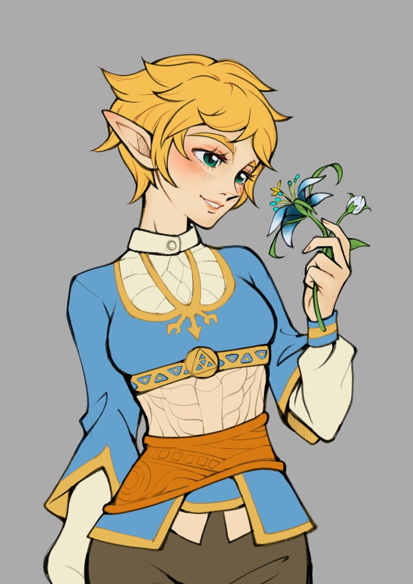 1girl, alternate_hair_length_(shorter), blonde_hair, blue_eyes, blue_flower, blue_shirt, blush, breasts