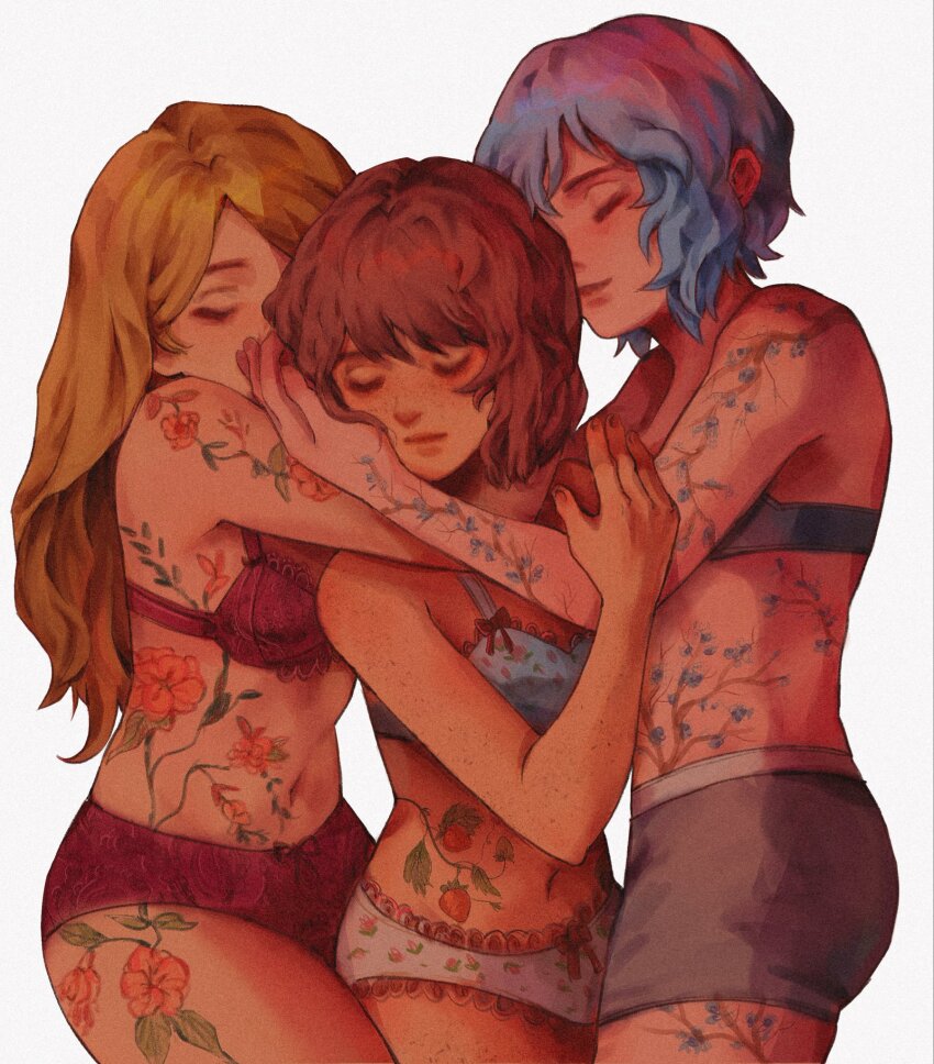 3girls, blonde_hair, blue_bra, blue_hair, body_freckles, bow, bow_bra, bow_panties, boyshort_panties, bra, brown_hair, chloe_price, closed_eyes, closed_mouth, commentary, english_commentary, flower_tattoo, food, food-themed_tattoo, freckles, fruit, full-body_tattoo, grey_bra, grey_panties, group_hug, highres, hug, life_is_strange_(series), long_hair, max_caulfield, maxcrackfield, multiple_girls, navel, panties, polyamory, print_bra, print_panties, rachel_amber, red_bra, red_panties, short_hair, simple_background, standing, stomach, strawberry, tattoo, underwear, underwear_only, white_background, yuri