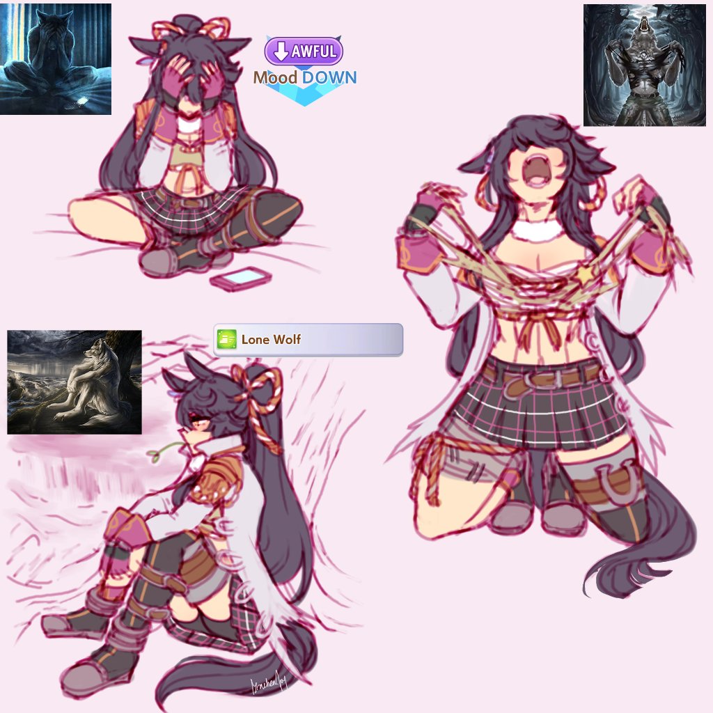 1girl, animal_ears, bandaged_leg, bandages, bike_shorts, bike_shorts_under_skirt, black_skirt, black_thighhighs, breasts, cellphone, cleavage, coat, commentary, drachen_ivy, english_commentary, horse_ears, horse_girl, horse_tail, long_hair, meme, meme_request, miniskirt, mood_(umamusume), mouth_hold, multiple_views, narita_brian_(maverick)_(umamusume), narita_brian_(umamusume), open_clothes, open_coat, open_mouth, phone, plaid_clothes, plaid_skirt, pleated_skirt, profile, reference_inset, single_thighhigh, sitting, sitting_wolf_(meme), skirt, smartphone, stalk_in_mouth, tail, tearing_clothes, thighhighs, torn_clothes, torn_coat, umamusume, very_long_hair, werewolf, werewolf_ripping_shirt_(meme), white_coat