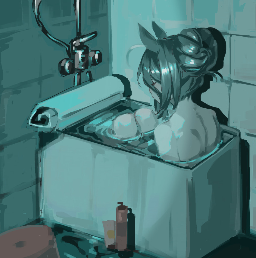 1girl, animal_ears, black_hair, closed_eyes, completely_nude, dom1, from_behind, green_theme