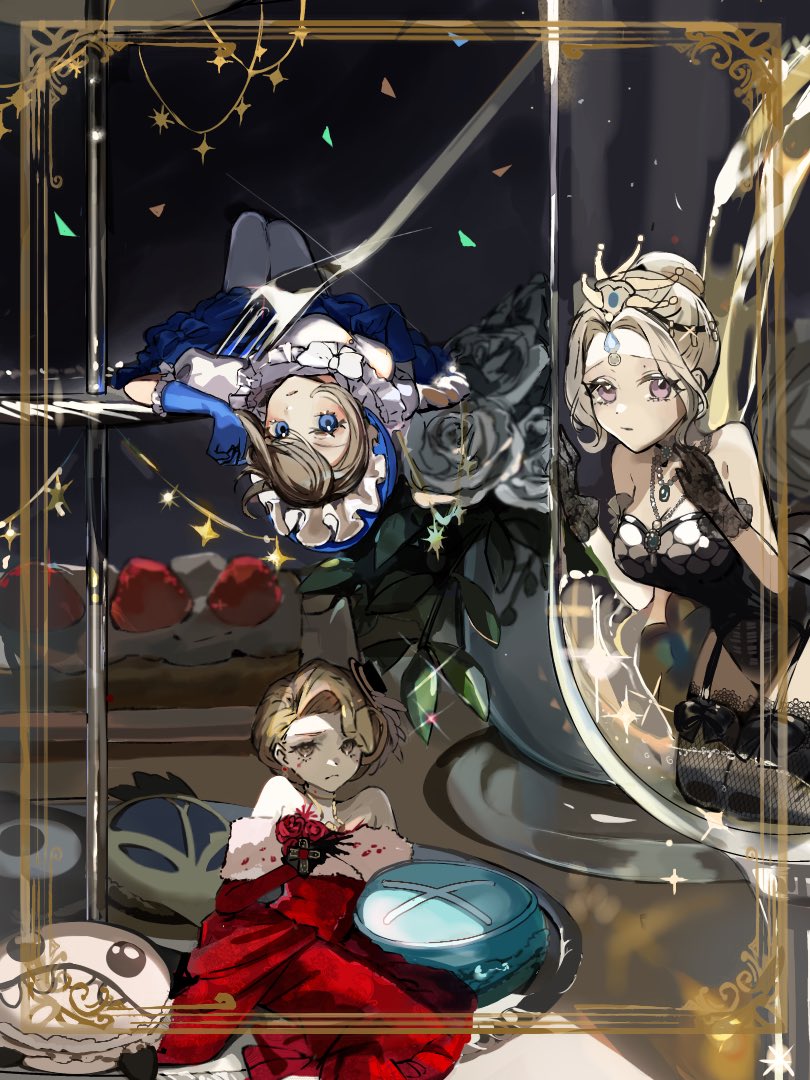 3girls, :/, alcohol, bare_shoulders, black_bow, black_gloves, black_hat, black_leotard