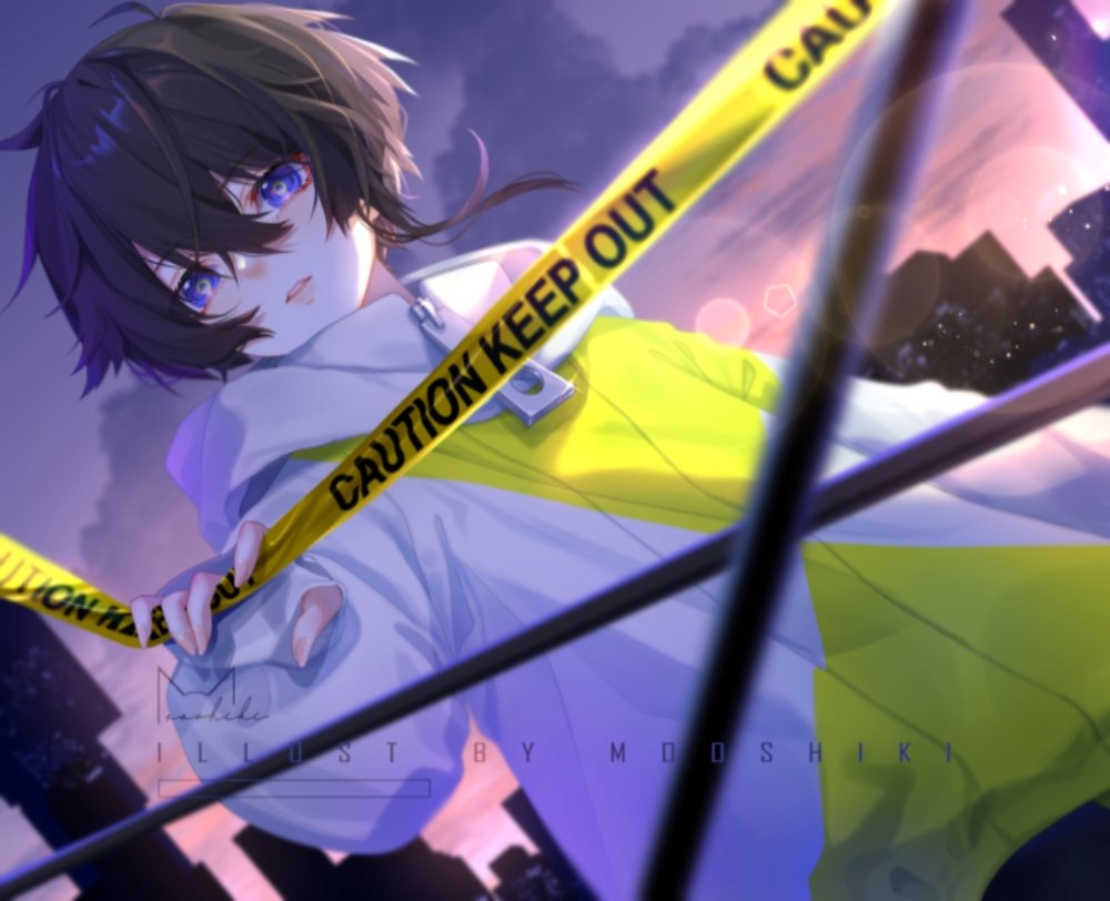 1boy, black_hair, blue_eyes, caution_tape, dawn, double-parted_bangs, dutch_angle, eve_(musician), hair_between_eyes, hashtag-only_commentary, jacket, long_sleeves, looking_at_viewer, male_focus, mooshiki, parted_lips, raison_d'etre_(eve), short_hair, solo, upper_body, white_jacket, zipper_pull_tab