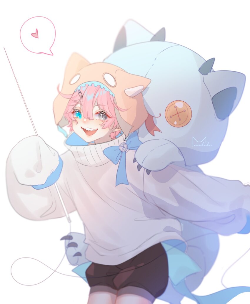 1boy, animal_hood, black_shorts, blue_eyes, commentary, cowboy_shot, double-parted_bangs, english_commentary