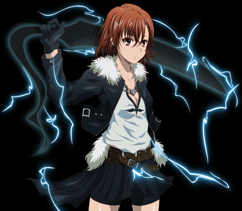 1girl, alternate_costume, breasts, brown_hair, brown_theme, cleavage, cosplay, electricity