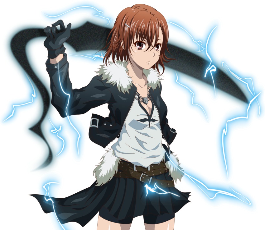 1girl, alternate_costume, breasts, brown_hair, brown_theme, cleavage, cosplay, electricity