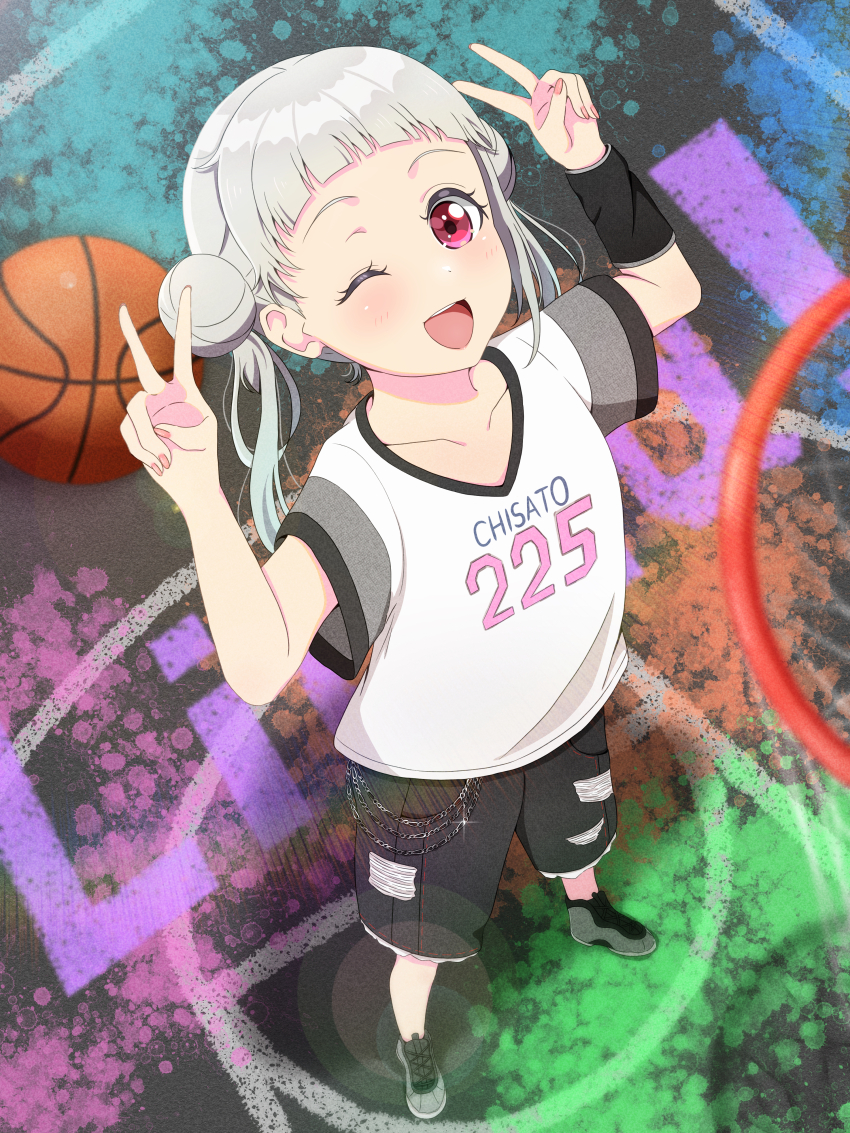 1girl, ;d, absurdres, arashi_chisato, ball, basketball_(object), basketball_court, black_shoes