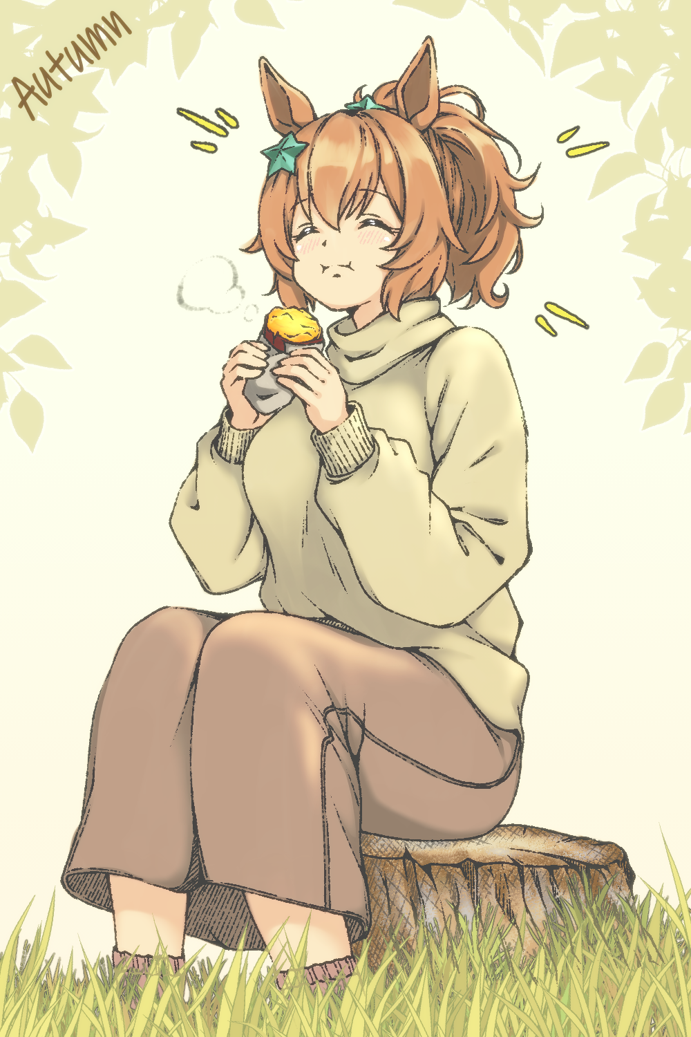 1girl, animal_ears, brown_hair, brown_pants, closed_eyes, eating, food, grass