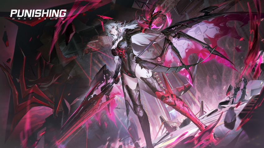 1girl, bad_link, black_horns, breasts, clawed_gauntlets, clenched_teeth, copyright_name, dragon_horns