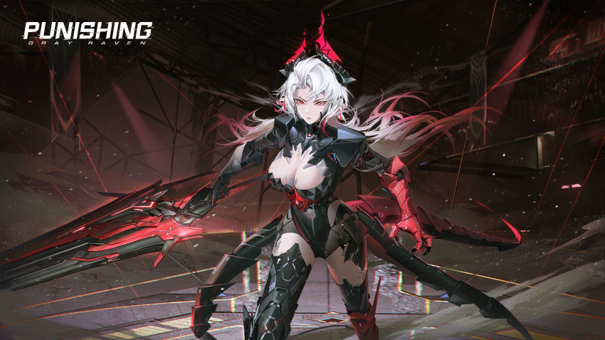 1girl, bad_link, black_horns, breasts, clawed_gauntlets, cleavage, closed_mouth, copyright_name