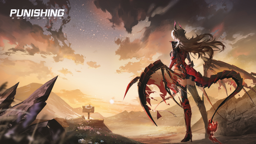 1girl, bad_link, black_horns, blurry, blurry_foreground, breasts, cloud, copyright_name