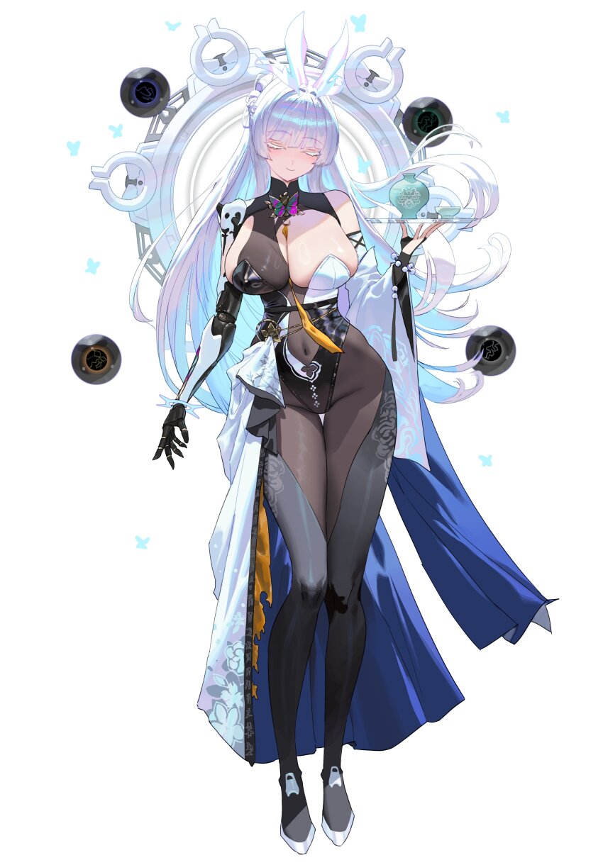 1girl, absurdres, black_bodysuit, bodysuit, bodysuit_under_clothes, bowl, breasts, cleavage