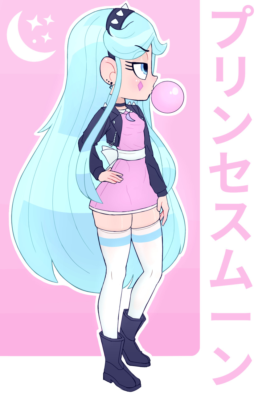 1girl, absurdres, aged_down, black_boots, black_jacket, blowing_bubbles, blue_eyes, blue_hair, blush, boots, bow, breasts, chewing_gum, child, choker, crescent, crescent_earrings, crescent_moon, crescent_necklace, diamond_(shape), diamond_facial_mark, diamond_on_cheek, disney, dress, ear_piercing, earrings, facial_mark, hairband, hand_on_own_hip, highres, jacket, jewelry, long_hair, long_sleeves, moon, moon_butterfly, necklace, open_clothes, open_jacket, piercing, pink_background, pink_dress, rukisan_03, small_breasts, sparkle, spiked_hairband, spikes, standing, star_vs_the_forces_of_evil, thighhighs, waist_bow, white_bow, white_thighhighs