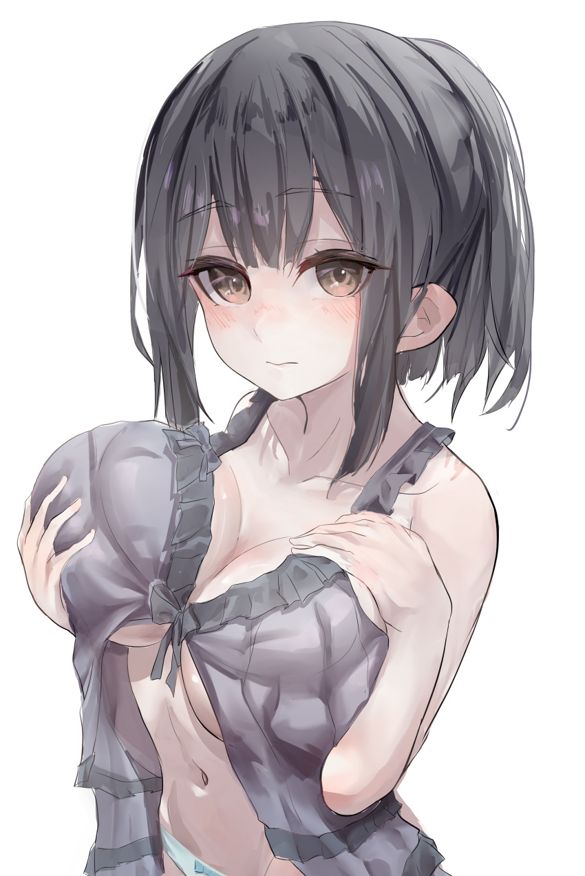 1girl, absurdres, alternate_breast_size_(larger), babydoll, bare_shoulders, black_hair, blush, breasts, brown_eyes, cleavage, fate/kaleid_liner_prisma_illya, fate_(series), grey_babydoll, highres, large_breasts, long_hair, looking_at_viewer, miyu_edelfelt, navel, oppai_loli, panties, ponytail, solo, unaligned_breasts, underwear, white_panties, zasyuu_11