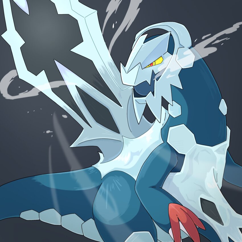 baxcalibur, blue_claws, blue_skin, colored_sclera, colored_skin, dragon, fangs, highres, ice, kickhopper123, mega_baxcalibur, mega_pokemon, nintendo, no_humans, pokemon, pokemon_(creature), pokemon_focus, red_eyes, scales, skin_fangs, spine, spinosaurus, tail, v-shaped_eyes, yellow_sclera