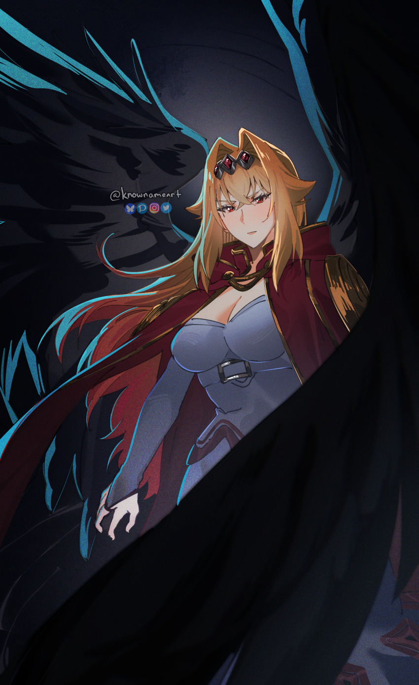 1girl, absurdres, black_background, black_tiara, black_wings, blonde_hair, breasts, bridal_gauntlets