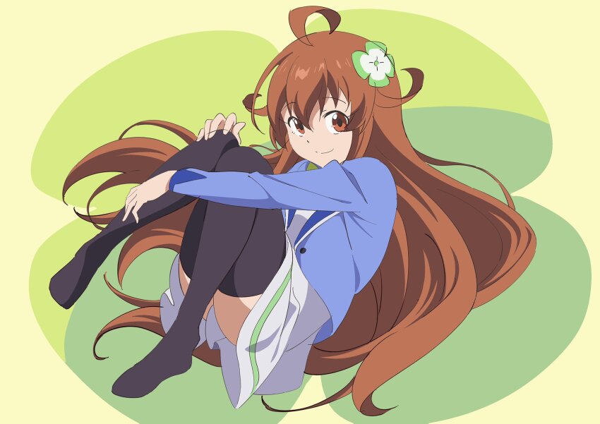 1girl, ahoge, amamiya_mimori, black_thighhighs, blazer, blue_jacket, brown_eyes, brown_hair