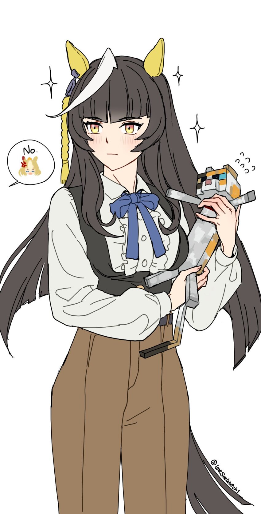 2girls, ahoge, animal, animal_ears, black_hair, black_vest, blonde_hair, blue_ribbon