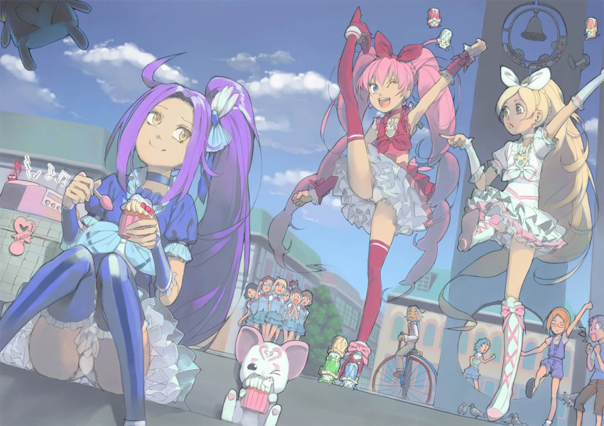 10s, 3girls, ;d, akinbo_(hyouka_fuyou), baritone, baritone_(precure), bassdrum, bird, blonde_hair, blue_eyes, blue_footwear, blue_thighhighs, boots, bow, brooch, cat, choker, classmate_with_glasses_(suite_precure), cloud, cure_beat, cure_melody, cure_rhythm, dory, dress, eyelashes, falsetto_(precure), fary, frills, gathers, girl_with_brown_short_hair_(suite_precure), girl_with_hairclip_(suite_precure), girl_with_topknot_(suite_precure), hair_ornament, hair_ribbon, hairpin, happy, higashiyama_seika, houjou_hibiki, hummy_(precure), jewelry, knee_boots, kurokawa_eren, lary, long_hair, magical_girl, minamino_kanade, minamino_souta, miry, multiple_girls, nishijima_waon, one_eye_closed, open_mouth, panties, pantyshot, pigeon, pink_bow, pink_hair, pink_legwear, ponytail, precure, purple_hair, rery, ribbon, seiren_(precure), shirabe_ako, shirabe_otokichi, shoes, sitting, sky, smile, sory, standing, standing_on_one_leg, suite_precure, thigh_boots, thighhighs, tiry, twintails, underwear, white_choker, wink, wrist_cuffs, yellow_eyes