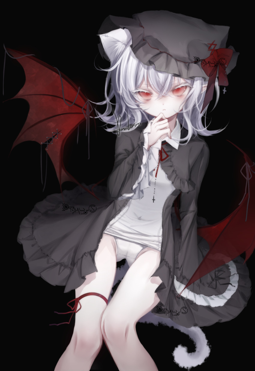 1girl, alternate_costume, animal_ear_fluff, animal_ear_piercing, animal_ears, arm_at_side, bat_wings, black_background, black_dress, black_hat, bow, cat_ears, cat_girl, cat_tail, closed_mouth, colored_eyelashes, commentary_request, cowboy_shot, cross, cross-laced_headwear, cross-laced_slit, crossed_bangs, crotch_seam, dot_nose, double-parted_bangs, dress, expressionless, flipped_hair, frilled_dress, frilled_sleeves, frills, glaring, gothic_lolita, hair_between_eyes, hand_on_own_chin, hand_up, hat, hat_bow, hat_over_one_ear, highres, inverted_cross, invisible_chair, kemonomimi_mode, leg_ribbon, lolita_fashion, long_sleeves, looking_at_viewer, low_wings, mob_cap, multiple_piercings, neck_ribbon, old_school_swimsuit, one-piece_swimsuit, open_clothes, open_dress, paid_reward_available, petite, pointy_ears, red_bow, red_eyes, red_ribbon, red_wings, remilia_scarlet, ribbon, ruliso, school_swimsuit, short_dress, short_hair, side_ahoge, signature, simple_background, sitting, solo, stroking_own_chin, swimsuit, swimsuit_under_clothes, tail, taut_clothes, taut_swimsuit, thigh_gap, thigh_ribbon, touhou, v-shaped_eyebrows, white_eyelashes, white_hair, white_one-piece_swimsuit, white_tail, wide_sleeves, wing_collar, wing_ribbon, wings