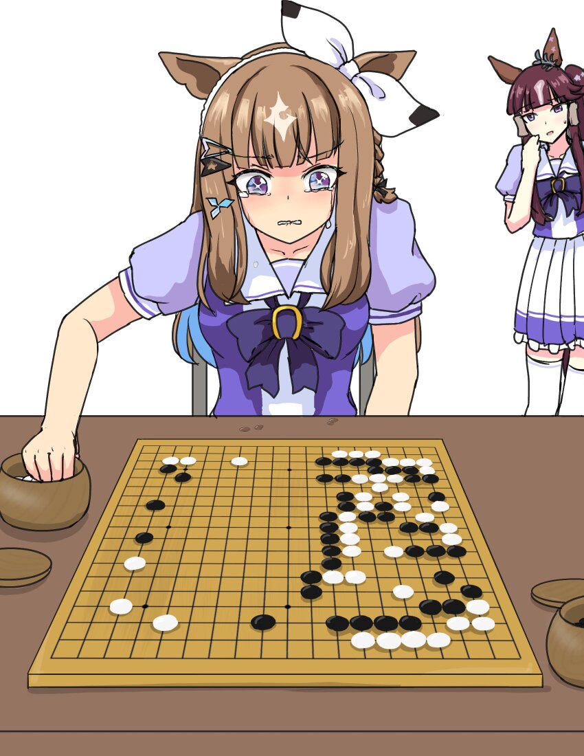 2girls, almond_eye_(umamusume), animal_ears, blue_eyes, blunt_bangs, board_game, bow, bow_hairband