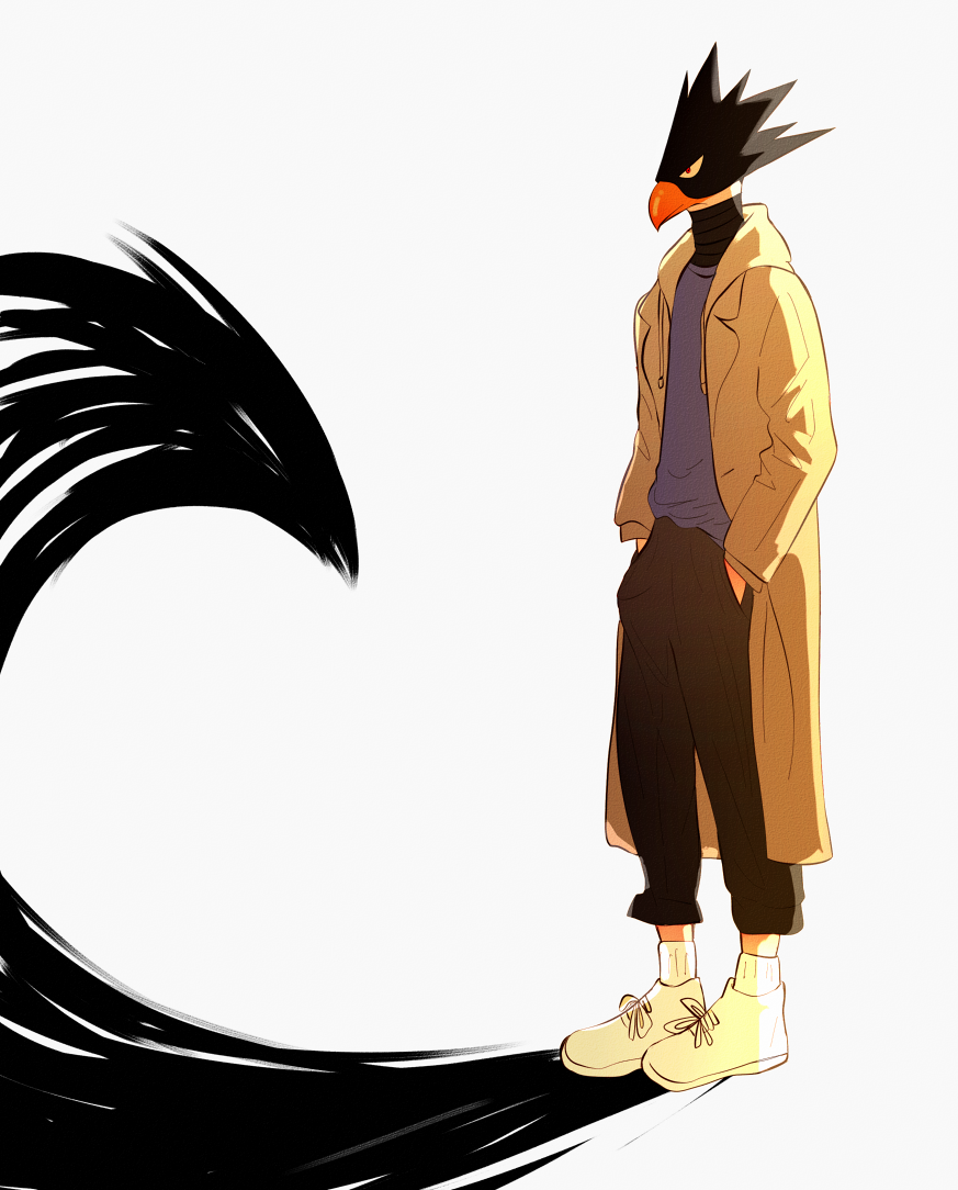 1boy, bird_boy, black_pants, boku_no_hero_academia, closed_mouth, commentary, full_body, hands_in_pockets, hood, hoodie, ithmid, looking_ahead, male_focus, pants, shoes, sidelighting, sneakers, solo, tokoyami_fumikage, white_background