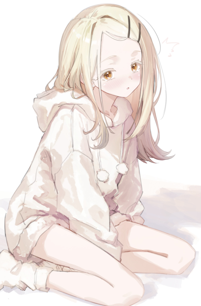 1girl, ^^^, between_legs, blonde_hair, blush, colored_eyelashes, drawstring, earrings