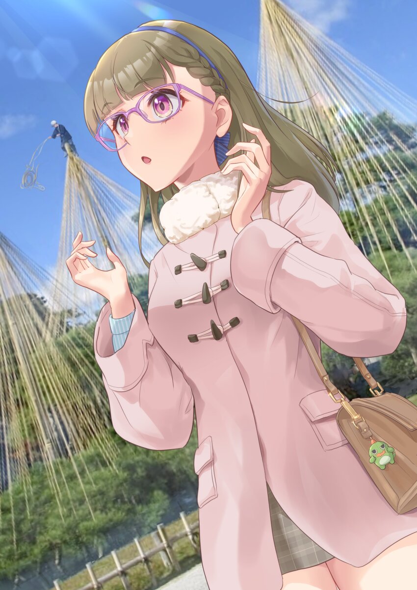 1girl, absurdres, animal_charm, bag, blush, braid, breasts, brown_bag, brown_hair, center-flap_bangs, charm_(object), coat, commentary_request, fur-trimmed_coat, fur_trim, gonzales_(love_live!), grey_skirt, highres, kachimachi_kosuzu, kachimachi_kosuzu_(winter_casual), kenroku-en, kobassy, link!_like!_love_live!, long_hair, long_sleeves, looking_ahead, love_live!, medium_breasts, official_alternate_costume, open_mouth, photo_background, pink_coat, pink_eyes, plaid_clothes, plaid_skirt, purple-framed_eyewear, shoulder_bag, side_braids, skirt, solo, virtual_youtuber, winter_clothes, winter_coat