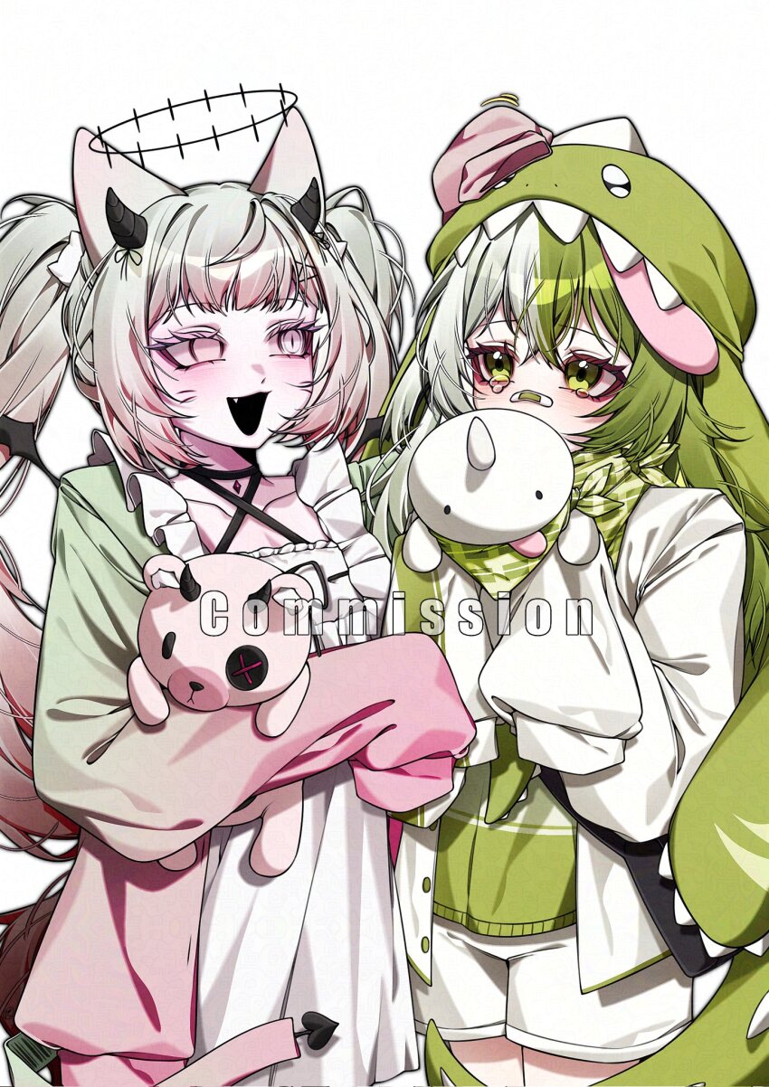 2girls, camisole, commission, dinosaur_hat, fang, gradient_hair, green_eyes, green_hair