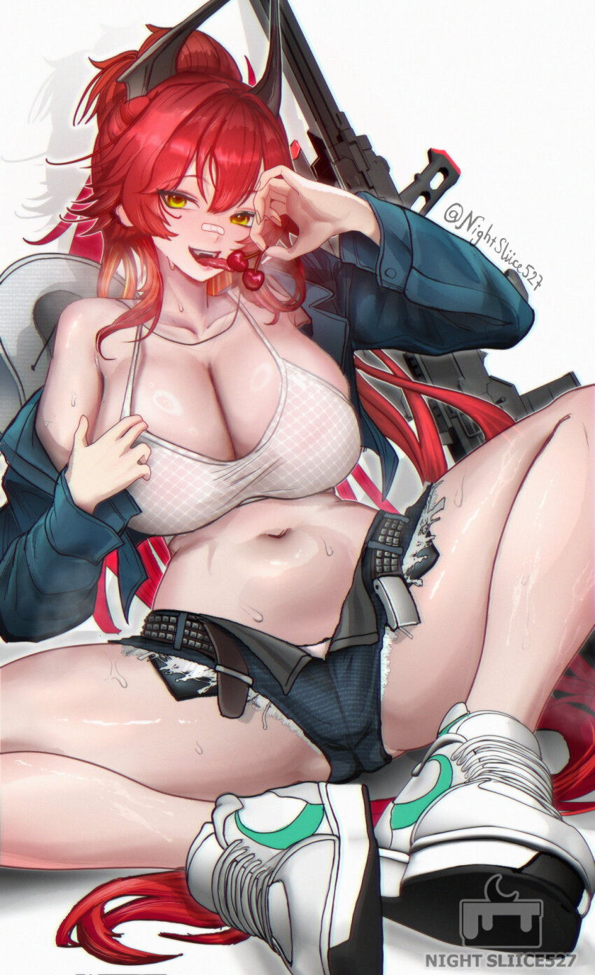 1girl, :d, artist_logo, bandaid, bandaid_on_face, bandaid_on_nose, belt, black_belt, black_horns, breasts, camisole, cherry, cleavage, collarbone, commentary, cutoffs, denim, denim_jacket, denim_shorts, double-parted_bangs, english_commentary, exposed_pocket, food, fruit, goddess_of_victory:_nikke, gun, hair_between_eyes, hat_on_back, highres, horns, jacket, large_breasts, licking, logo, long_hair, long_sleeves, looking_at_viewer, mechanical_horns, micro_shorts, mixed-language_commentary, navel, nightsliice257, off_shoulder, official_alternate_costume, official_alternate_hairstyle, open_belt, open_clothes, open_jacket, open_mouth, ponytail, red_hair, red_hood_(nikke), red_hood_(retro_days)_(nikke), rifle, shadow, shoes, shorts, sidelocks, single_bare_shoulder, sitting, skindentation, smile, sneakers, sniper_rifle, solo, spread_legs, stomach, sweat, teeth, tongue, tongue_out, twitter_username, untied_shoelaces, upper_teeth_only, very_long_hair, weapon, white_camisole, white_shorts, yellow_eyes