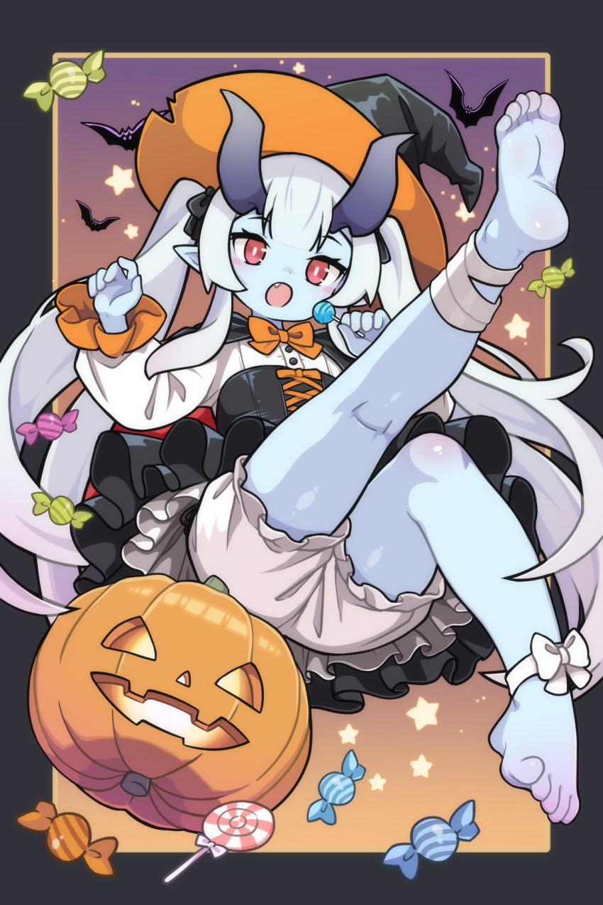 1girl, ankle_wrap, arum_(world_flipper), barefoot, bat_(animal), black_bow, black_dress, bloomers