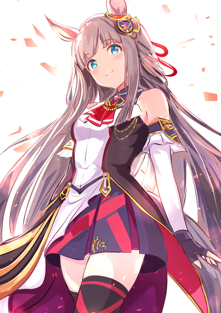 1girl, absurdres, animal_ears, bare_shoulders, black_gloves, black_skirt, black_thighhighs, blue_eyes