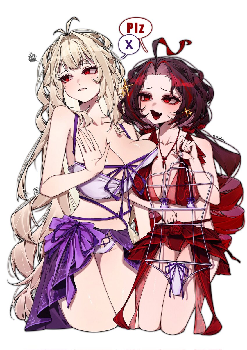 2girls, ahoge, bikini, black_hair, blonde_hair, breasts, collarbone, drill_hair