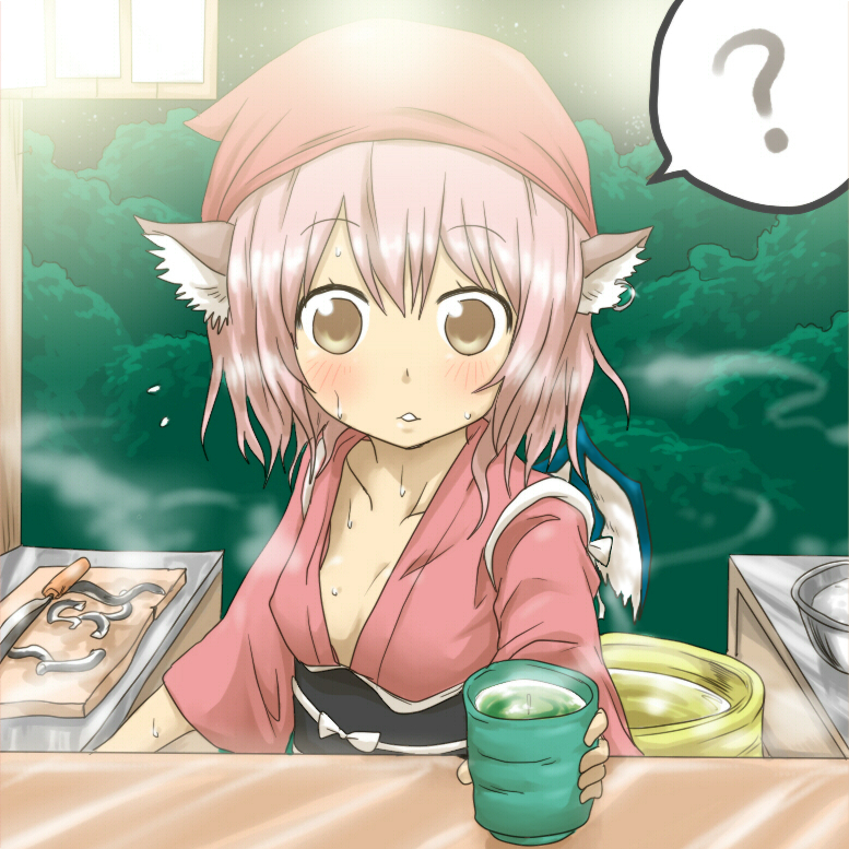 1girl, ?, animal_ears, blush, breasts, brown_eyes, brown_headscarf, cleavage