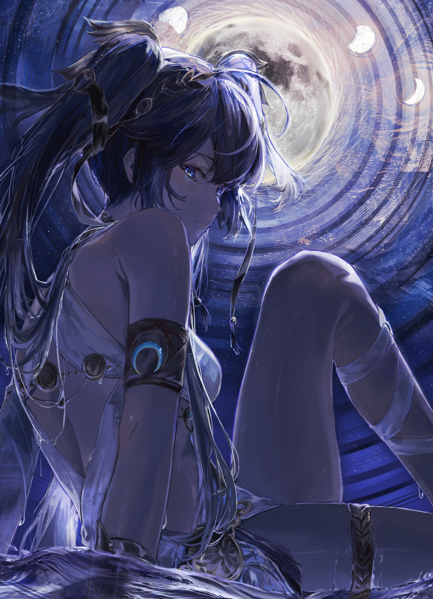 1girl, absurdres, armlet, bare_shoulders, blue_eyes, blue_hair, blue_theme, closed_mouth