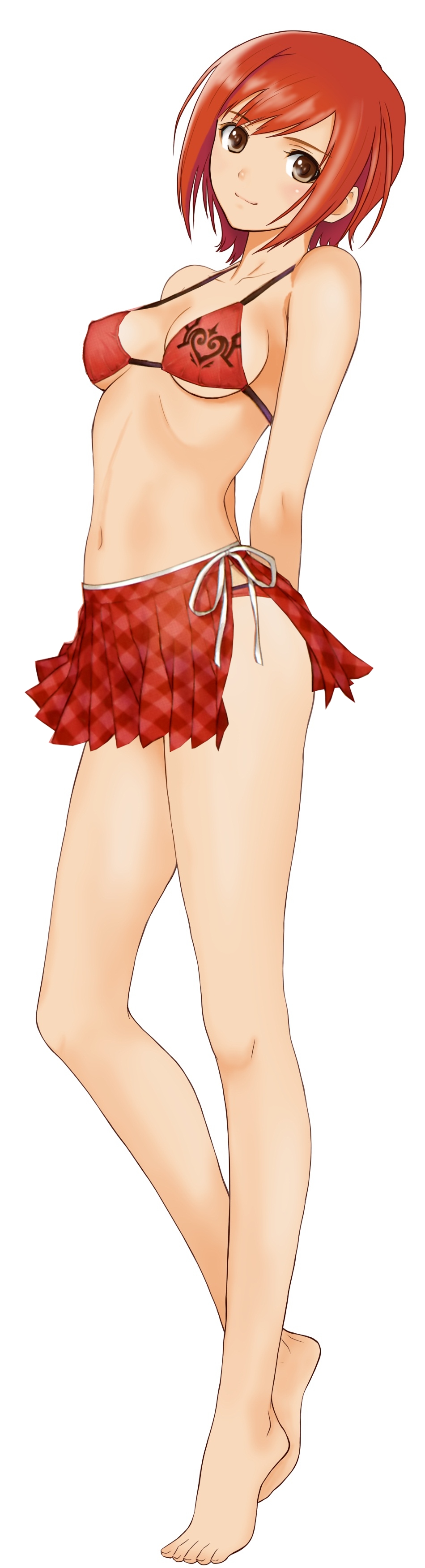 1girl, absurdres, arms_behind_back, barefoot, bikini, breasts, brown_eyes, covered_erect_nipples, feet, female_focus, highres, long_image, navel, petite, red_hair, seena_kanon, sega, shining_(series), shining_wind, short_hair, side-tie_bikini_bottom, simple_background, skinny, skirt, smile, solo, standing, swimsuit, tall_image, third-party_edit, tiptoes, toes, tony_taka, white_background