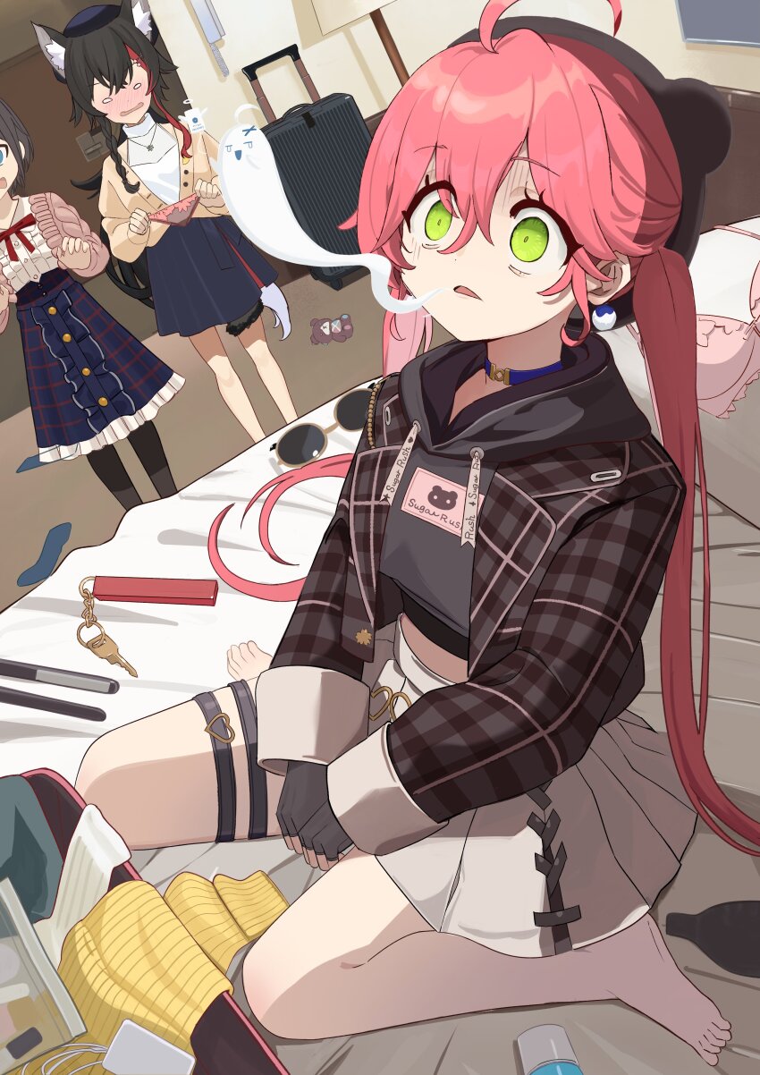 3girls, absurdres, ahoge, animal_ears, green_eyes, highres, holding, holding_panties