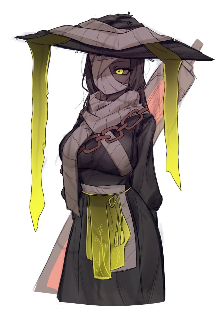 1girl, arms_behind_back, bandage_over_one_eye, black_dress, black_hair, black_hat, chain, cowboy_shot